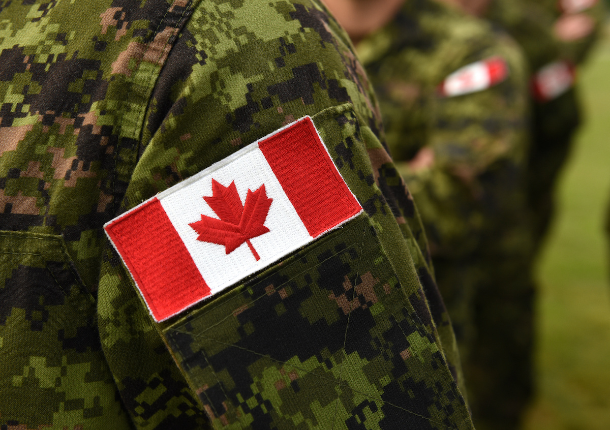 a camo army jacket with a canadian flag patch, highlighting canada's largest canadian forces base is located in the battle river region